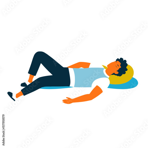 Vector Illustrations. Relaxed Man Lying on Pillows Eyes Closed Wearing Casual Clothes. EPS Editable