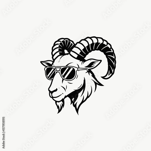 A black and white cartoon goat head with large curved horns and sunglasses, drawn in a confident and playful style.