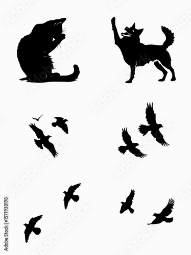 Vector Illustrations. Silhouette of a Black Cat Grooming Itself with Detailed Fur Texture. EPS Editable