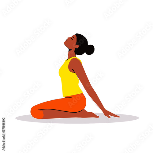 Vector Illustrations. Woman in Yoga Pose with Head Back Wearing Yellow Top and Orange Pants. EPS Editable