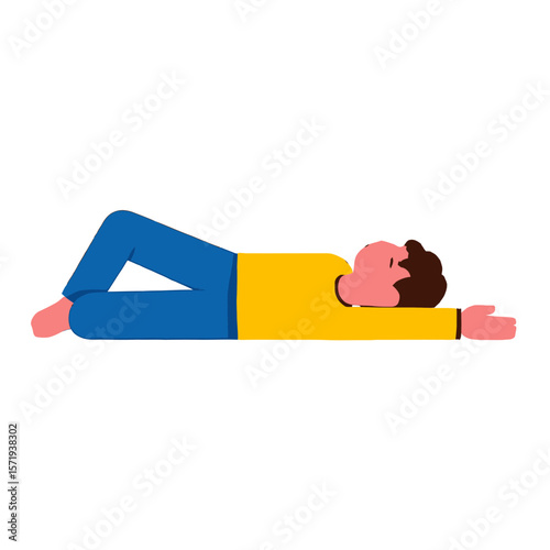 Vector Illustrations. Cartoon Boy Lying Down Relaxed Pose Yellow Shirt Blue Pants. EPS Editable