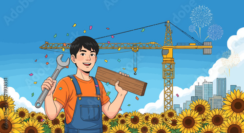 Vector Illustrations. Cartoon Builder Holding Wrench and Wood Plank Wearing Overalls Smiling. EPS Editable