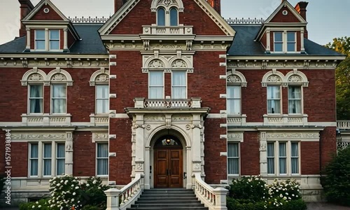 Ornate brick mansion with detailed facade and landscaping