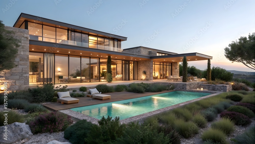 Obraz premium Luxury Modern Villa with Glass Walls and Private Pool at Sunset in Countryside Setting