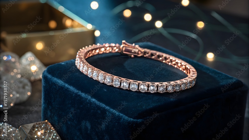 Fototapeta premium Luxury Rose Gold Tennis Bracelet with Diamonds on Velvet Display