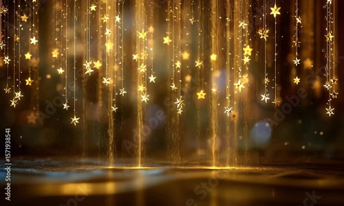 Golden Stars Hanging Against Dark Background