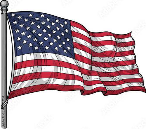 Waving American Flag on Blue Background: Iconic Patriotism
