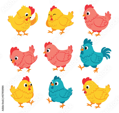  collection of nine adorable cartoon chickens in various cheerful poses