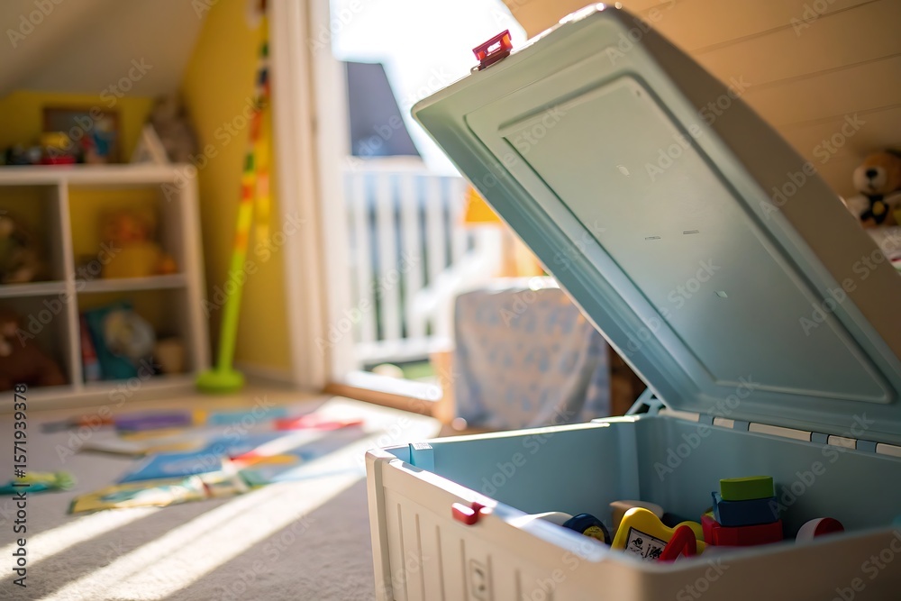 custom made wallpaper toronto digitalBeautiful Home Exterior Bright Sunny Child's Room with Open Toy Chest Filled with Colorful Toys and Books Scattered...