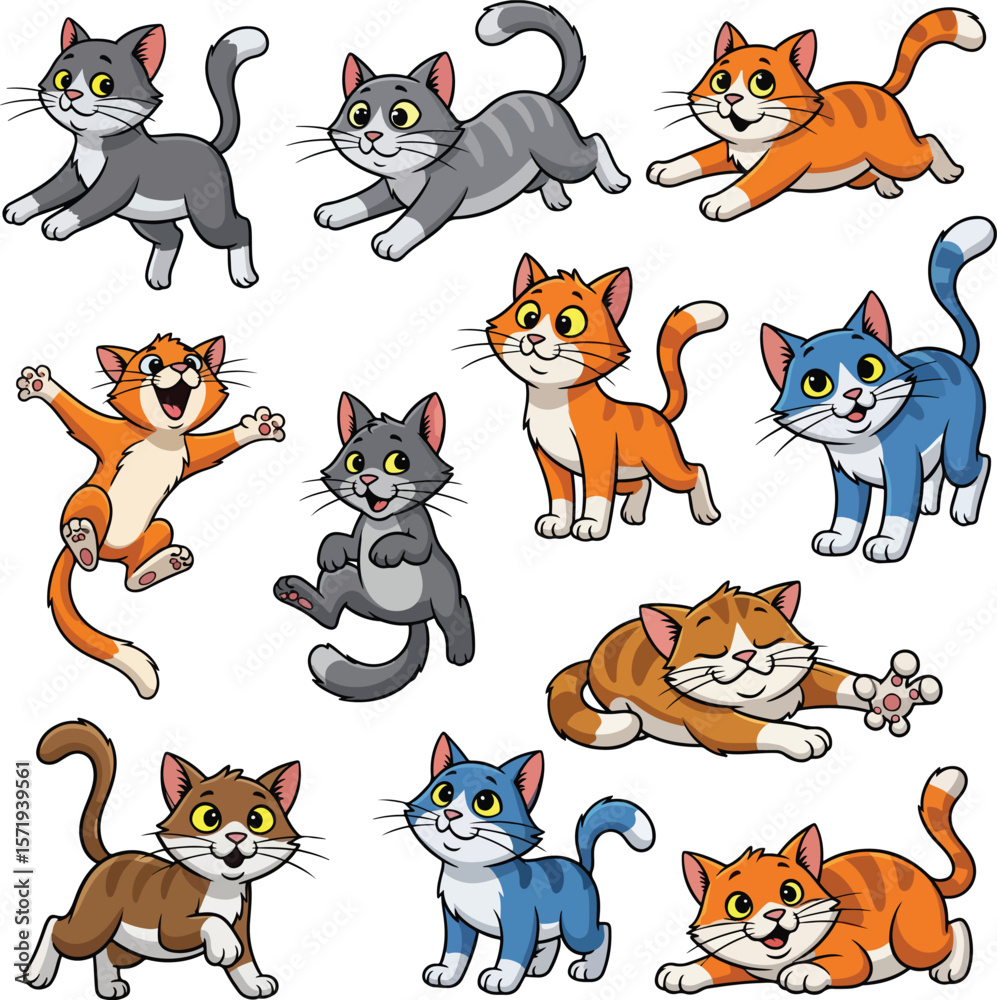 Fototapeta premium A vibrant and diverse set of ten cartoon cats, each with a cheerful expression and in various dynamic poses