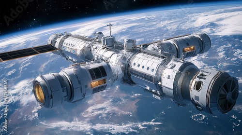 Fototapeta Naklejka Na Ścianę i Meble -  Space Station Orbiting Earth with Clear Blue Sky Background