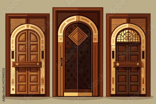 vector of Three dark brown patterned wooden doors for the room... light background.