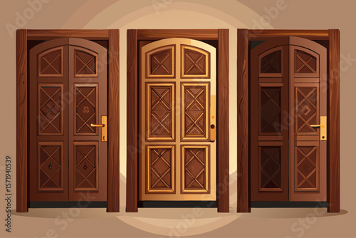 vector of Three dark brown patterned wooden doors for the room... light background.