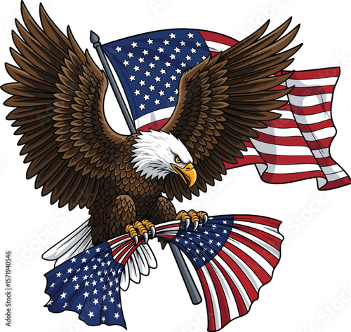 Powerful Bald Eagle Gripping American Flags: Patriotism & Freedom Symbol