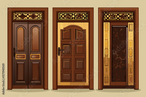 vector of Three dark brown patterned wooden doors for the room... light background.