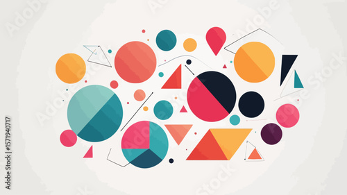 Simple colorful geometric shapes (circles, triangles) placed asymmetrically on a white background — trendy and creative
