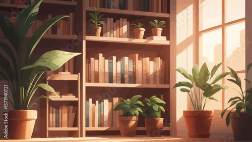  Blurred bookshelf and potted plant in warm lighting — cozy and intellectual, great for education or online course slides