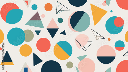 Simple colorful geometric shapes (circles, triangles) placed asymmetrically on a white background — trendy and creative 3
