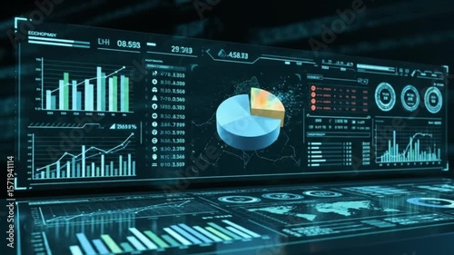 A futuristic dashboard interface showing live economic indicators and charts updating in real time


