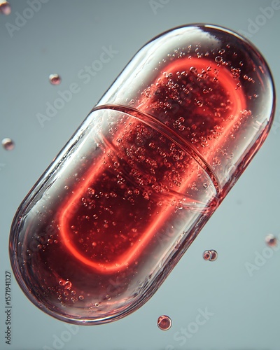 The red capsule is placed on a microscope stage, illuminated from the base, and surrounded by a ring.