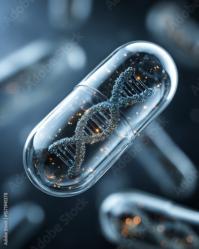 A transparent capsule floats in a solution. A microscope captures the DNA inside in detail.