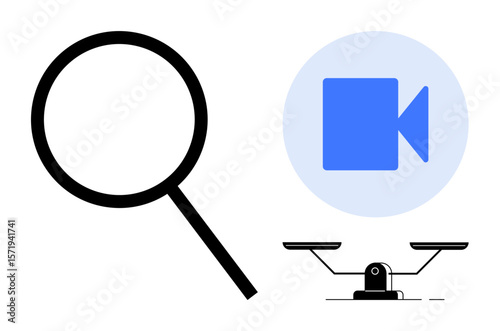 Magnifying glass zooms in, video camera icon symbolizes recording, scales represent balance and fairness. Ideal for research, investigation, decision-making, comparisons, justice, transparency