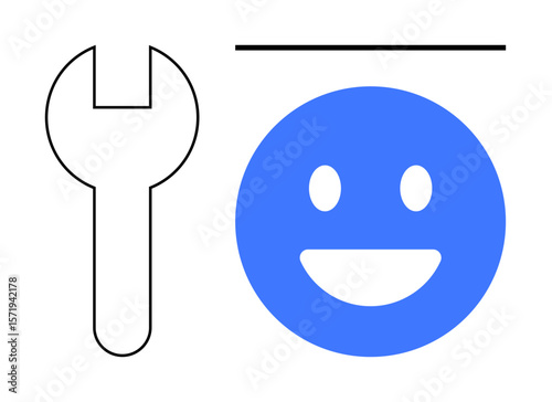 Blue happy face with a wide smile next to a wrench outline and a horizontal line above. Ideal for themes thumbs up positivity, tools, repair, balance, happiness, simplicity, and a simple landing page