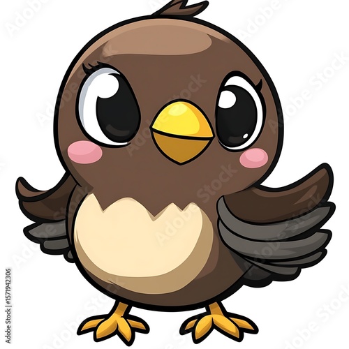Adorable brown bird with big eyes, outstretched wings, and cute expression
