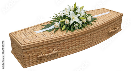 handcrafted coffin made from flexible banana cord woven decorated with flowers isolated on white background for the catalogue