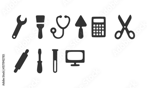 Professional Tool Icons Wrench, Paintbrush, Stethoscope, Trowel, Calculator, Scissors, Rolling Pin, Screwdriver, Test Tube, Computer Monitor