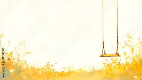 野原の中にある無人の風に揺れるブランコのイラスト風景