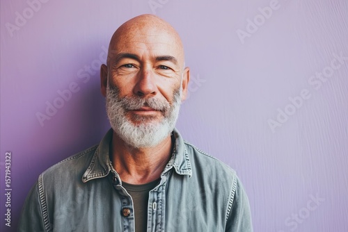 Portrait of a senior man with gray beard on a purple background