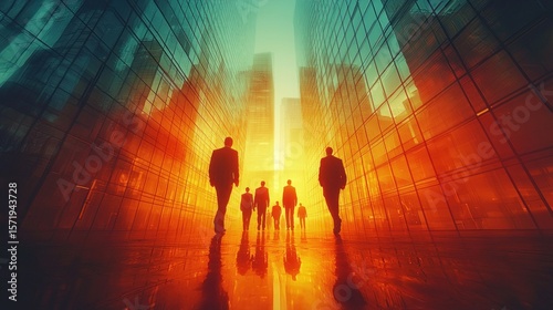 Silhouette of people walking in a city street, vibrant colors