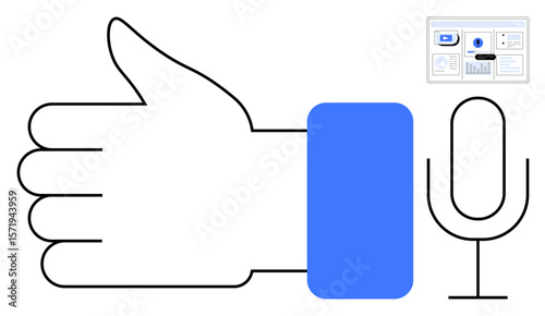 Open hand thumbs-up gesture paired with a microphone and presentation screens. Ideal for communication, feedback, public speaking, teaching, podcasting, approvals, meetings. Simple flat metaphor