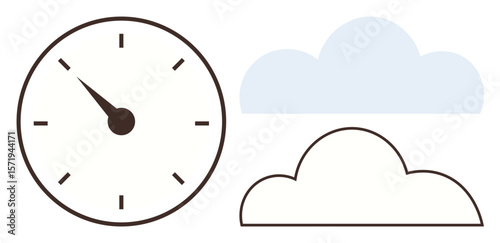 Analog clock with black hands and marks paired with outlined and shaded clouds. Ideal for time, weather, seasons, scheduling, simplicity, mindfulness, change. A simple flat metaphor
