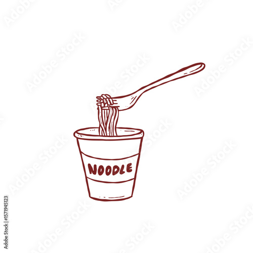 Hand drawn instant noodle cup with fork illustration
