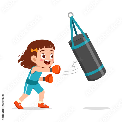 Little Girl Boxing with Punching Bag, Wearing Boxing Gloves, Cartoon Illustration Style