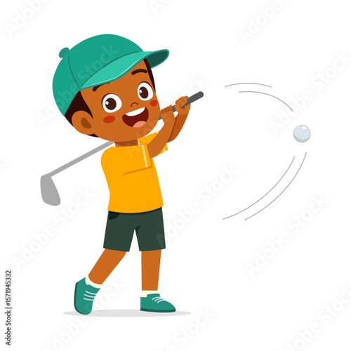 Happy African American Boy Playing Golf Hitting Ball with Golf Club in Illustration Style