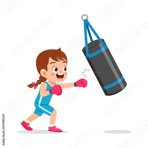 Cute Girl Boxing with Punching Bag in Cartoon Illustration on White Background