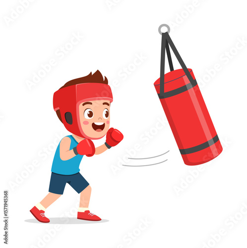 Young boy wearing boxing gear, practicing boxing with punching bag, smiling and ready to punch