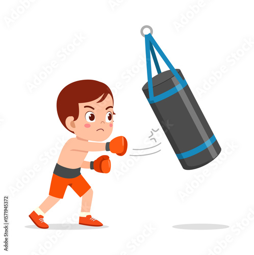 A young boy with gloves boxing a punching bag with determination and focus, cartoon style