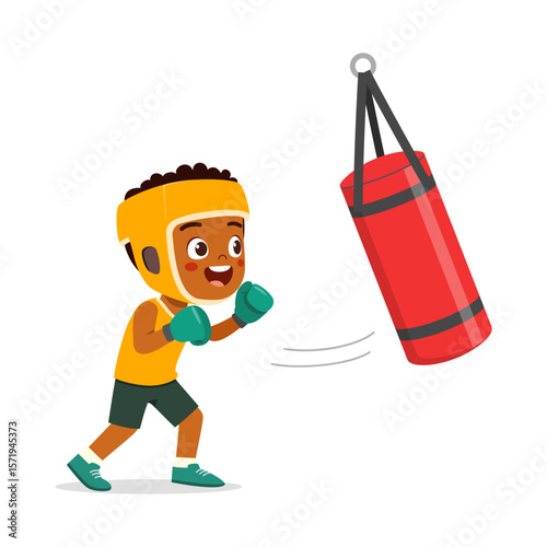 African Boy Boxing with Punching Bag Smiling and Wearing Boxing Gloves and Headgear