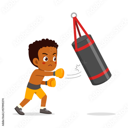African boy boxing with punching bag in gym with determined expression in cartoon illustration