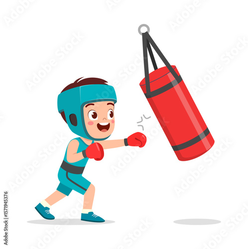 Happy Young Boy Boxing Punching Bag Wearing Boxing Gloves and Helmet with a Determined Face