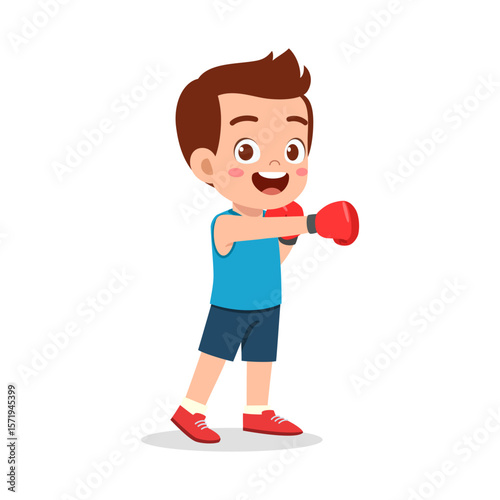 Happy little boy wearing boxing gloves punching with smile expression in cartoon illustration