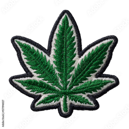 A cannabis leaf patch with green leaf and black border is displayed isolated on transparent background