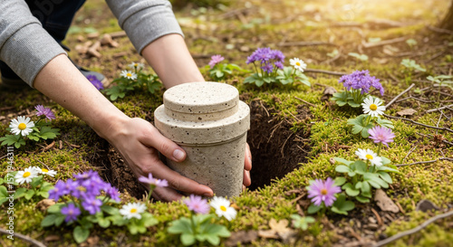 Biodegradable urn made from pressed natural materials being placed into a small grave hole 