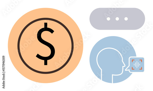 Dollar coin, speech bubble, and human head with voice recognition icon emphasize the link between money, dialogue, and technology. Ideal for finance, AI, innovation, economy communication language