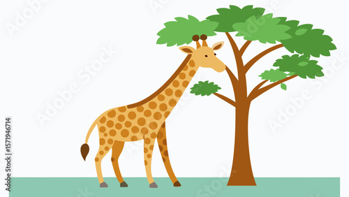 Cute cartoon giraffe standing next to a green leafy tree on a white background