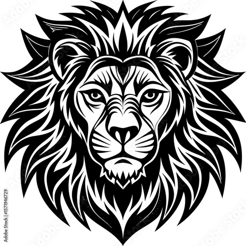 Stylized black and white lion head with majestic mane